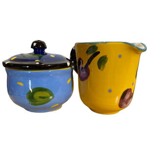Cream & Sugar Set w/Cherries on Yellow & Green Olives on Blue Vintage Pottery